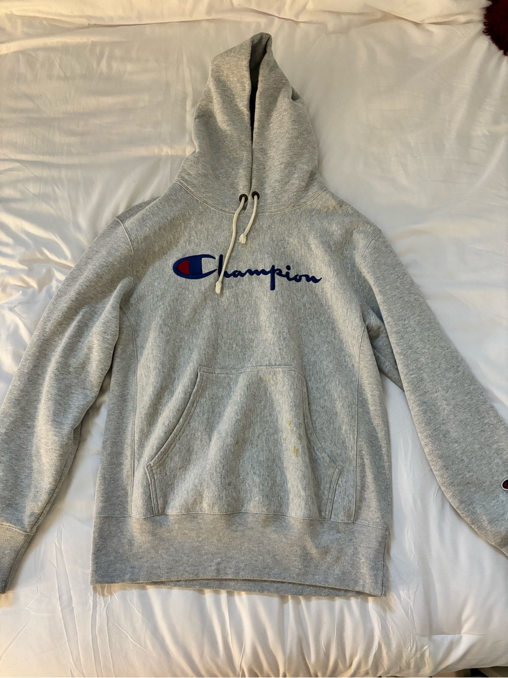 Champion Men’s Light Gray Crewneck Hoodie with Blue Logo